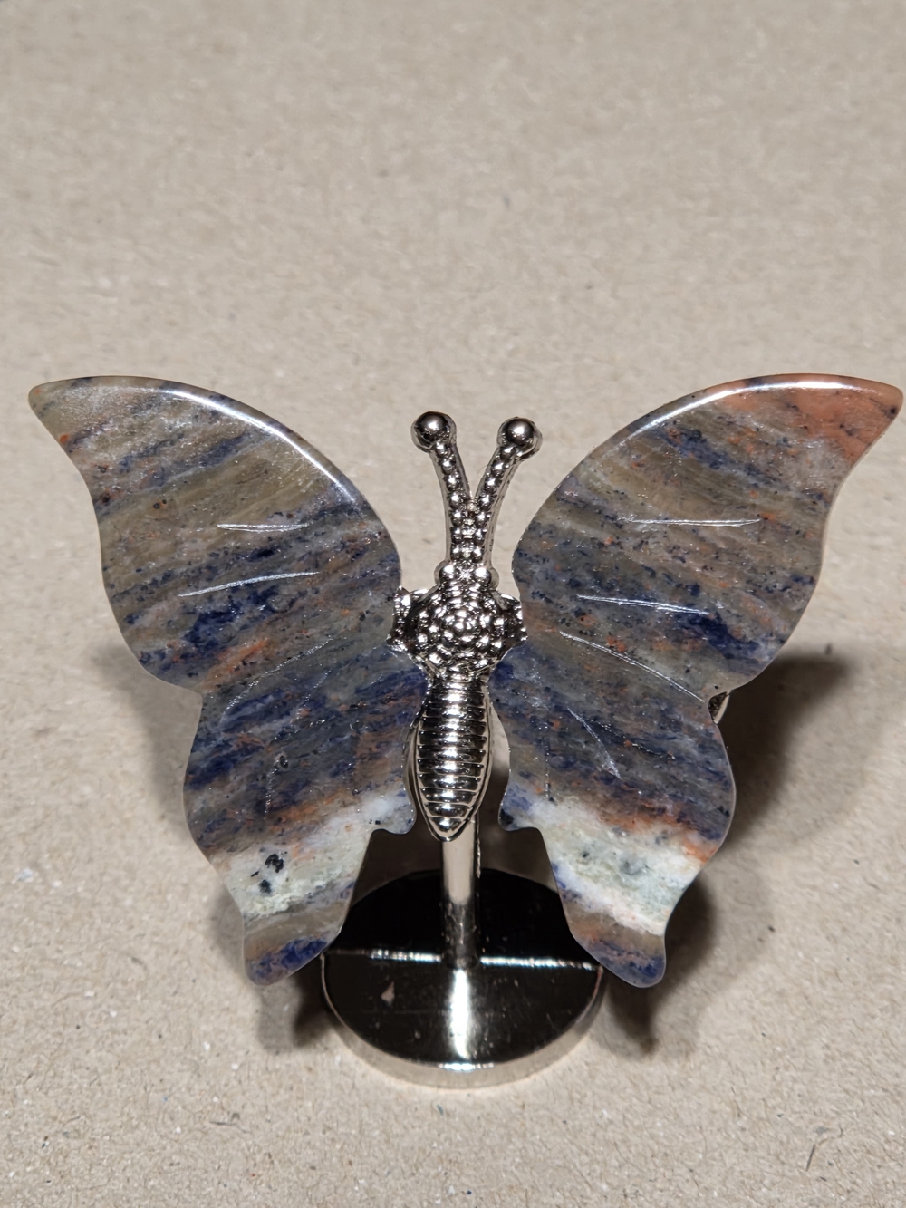 Sunset Sodalite Crystal Butterfly Wings On Metal Body Stand Decor